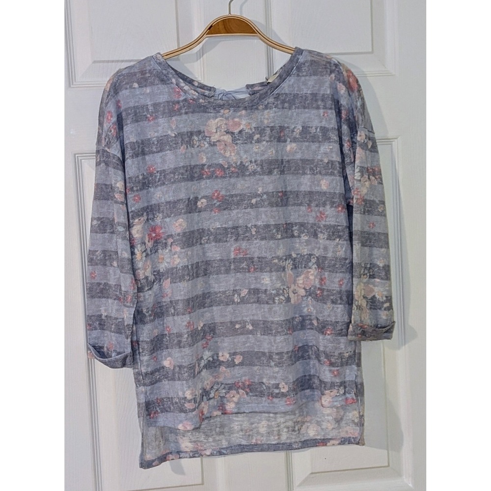 LC Lauren Conrad Floral Striped Top Tie Back 3/4 Sleeve‎ Medium NWT